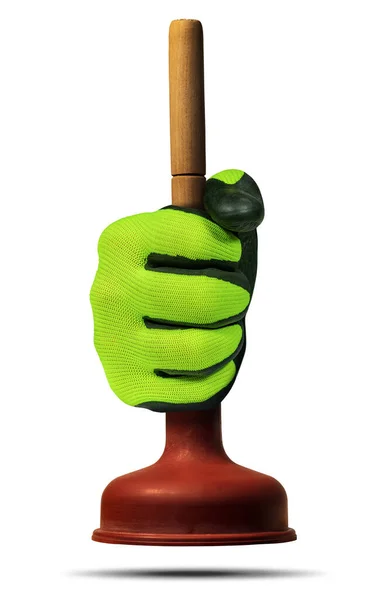 Hand Green Black Protective Work Glove Holding Red Rubber Plunger — 图库照片