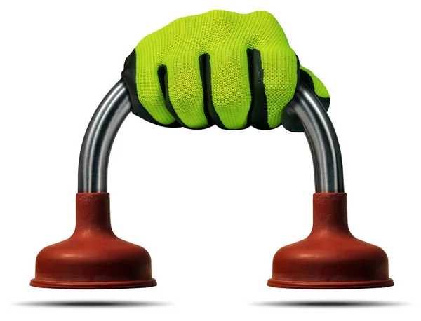 Hand Green Black Protective Work Glove Holding Red Rubber Plunger — стоковое фото