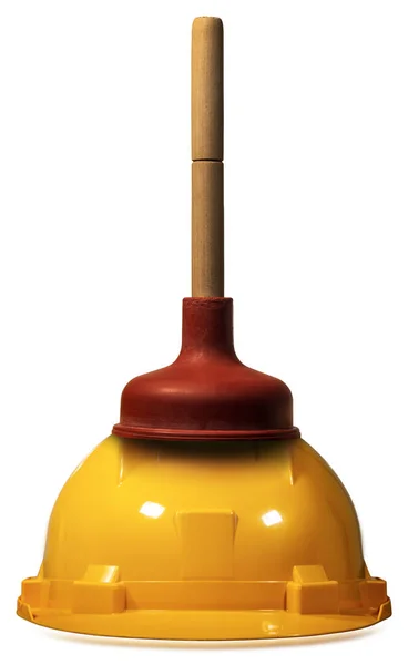 黄色とオレンジのハード帽子や安全ヘルメットの上に木製のハンドルを持つ赤いゴム製のプランジャーのクローズアップは 反射して白い背景に隔離された — ストック写真