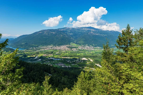 Vista Aérea Vale Sugana Valsugana Com Pequena Cidade Levico Terme — Fotografia de Stock