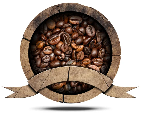中には焙煎したコーヒー豆が入った木製の丸看板やアイコンがあります 影と白の背景に隔離 — ストック写真
