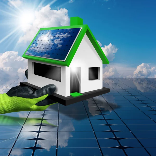 Ręka Rękawicą Ochronną Trzymająca Dachu Mały Model Domu Panelami Słonecznymi — Zdjęcie stockowe