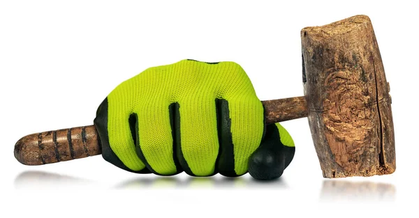 Close Hand Protective Work Glove Holding Old Wooden Mallet Hammer — Stock Photo, Image