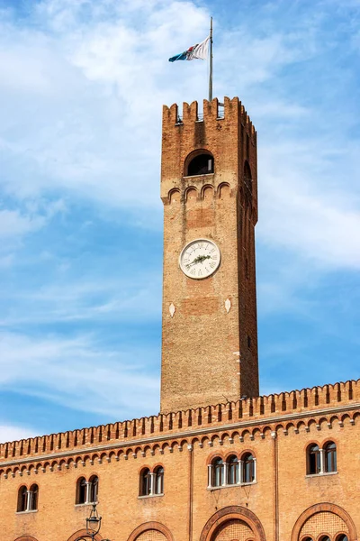 Close Ancient Medieval Civic Tower Treviso Downtown 1218 Flag City — Stock Photo, Image