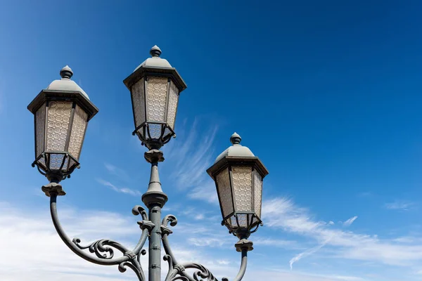 Close Old Street Lamp Posts Clear Blue Sky Clouds Copy — Stock Photo, Image