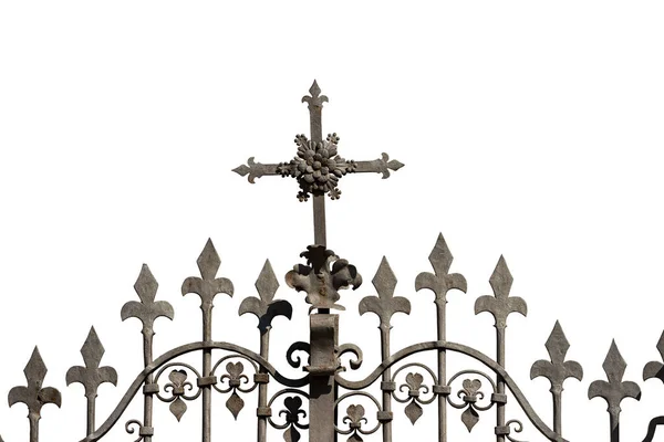 Залізні Ворота Релігійним Хрестом Гострими Точками Ізольованими Білому Тлі Копіювальному — стокове фото