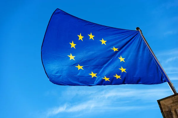 Closeup European Union Flag Waving Clear Blue Sky Clouds Copy — Stock fotografie