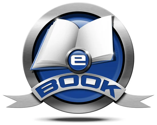 Μεταλλική Και Μπλε Εικονίδιο Κουμπί Άδειο Βιβλίο Και Κείμενο Ebook — Φωτογραφία Αρχείου