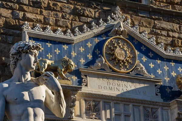 Close Statue David Michelangelo Buonarroti Masterpiece Renaissance Sculpture Piazza Della — Stock Photo, Image