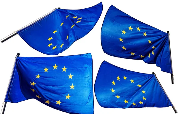 Крупный План Группы Флагов Европейского Союза Висящих Флагштоке Белом Фоне — стоковое фото