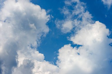 Beautiful storm clouds, cumulus clouds or cumulonimbus against a clear blue sky. Photography, full frame, sky only.