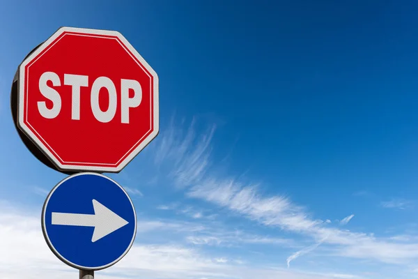 Close One Way Stop Road Sign Clear Blue Sky Clouds — стокове фото