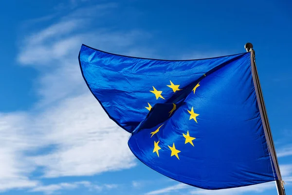 Close European Union Flag Waving Clear Blue Sky Clouds Copy — Stock fotografie