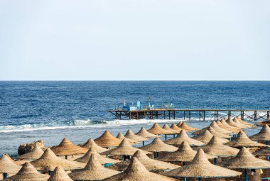 Marsa Alam, Mısır, Afrika yakınlarında saman şemsiyeli Kızıldeniz ve sahil. Mercan resifinde deniz manzarası ve dalgalar kırılıyor..