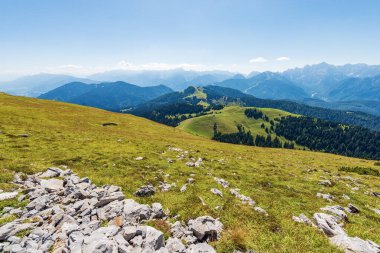Panoramic view of Carnic Alps and Julian Alps, from the mountain peak of Osternig or Oisternig. Italy Austria border, Europe. Tarvisio, Udine province, Friuli Venezia Giulia.