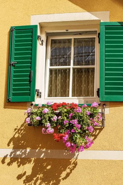 Close-up of a window with green wooden shutters and geranium flowers. Small village of Malborghetto-Valbruna in Val Canale, Udine province, Friuli-Venezia Giulia, Italy, Europe.