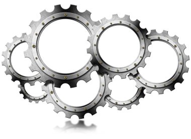 Boş metal dişli grubu (dişli) beyaz arkaplan üzerinde kopya alanı, 3 boyutlu illüstrasyon ve fotoğrafçılık ile izole.