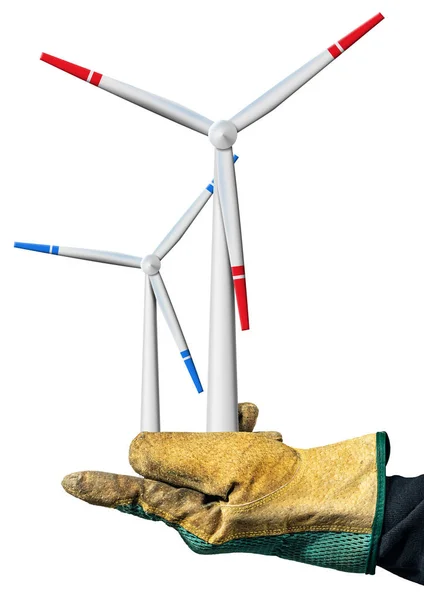 Close Van Een Hand Met Werkhandschoen Met Twee Windturbines Geïsoleerd — Stockfoto