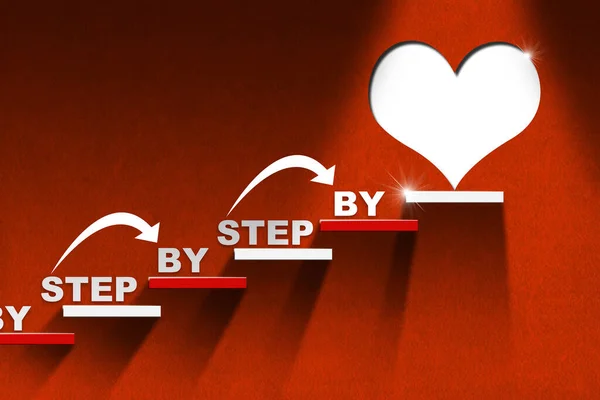 3D illustration of a stair with red and white steps on a red wall with a white heart on the last step and text Step by Step. The way of love.