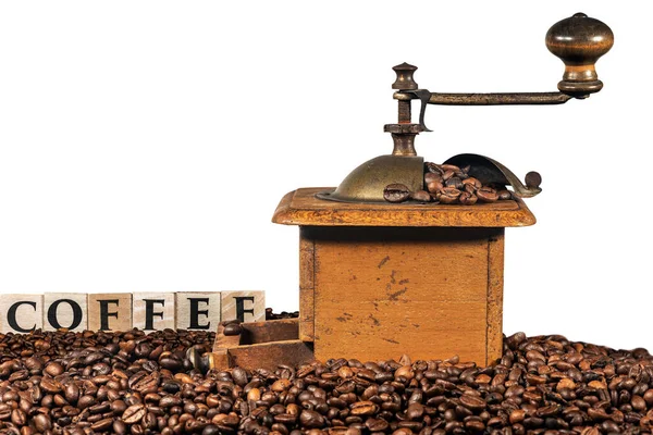 Oude Handmatige Koffiemolen Met Gebrande Koffiebonen Tekst Koffie Gemaakt Van — Stockfoto