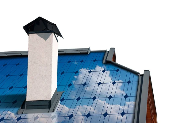 Großaufnahme Einer Gruppe Von Sonnenkollektoren Über Dem Dach Eines Hauses — Stockfoto