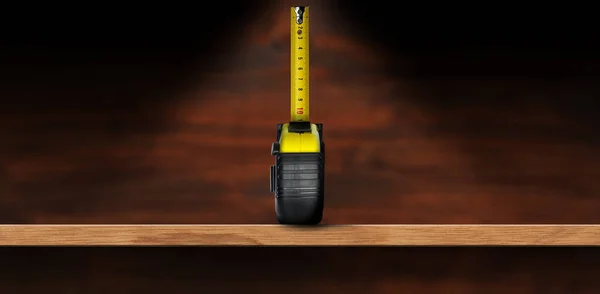 Close Yellow Black Tape Measure Wooden Workbench Table Copy Space — Stock Photo, Image