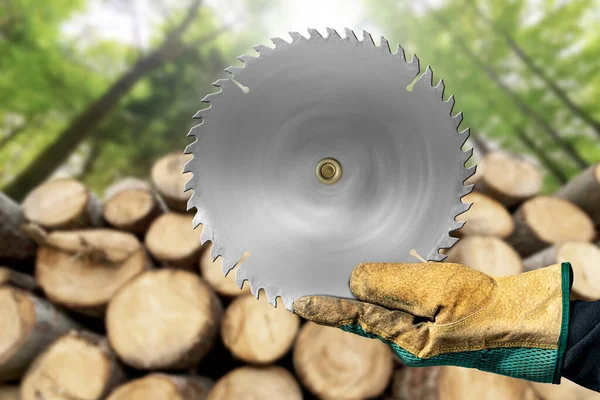 Carpenter Protective Work Gloves Holding Metal Circular Saw Blade Motion — Stock Photo, Image