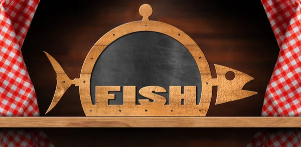 Leere Tafel Mit Holzgestell Fischform Auf Einem Holztisch Mit Rot — Stockfoto