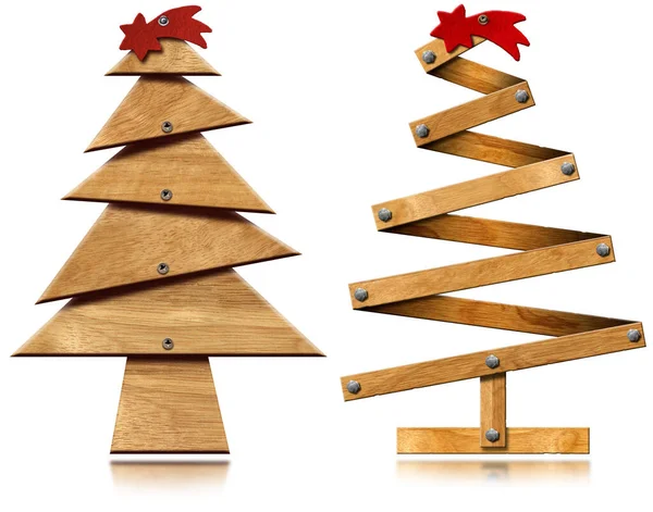 Illustrazione Due Piccoli Alberi Natale Legno Con Stella Rossa Isolata — Foto Stock