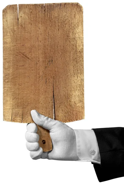 Hand Waiter White Work Glove Holding Old Wooden Cutting Board — Stock Photo, Image