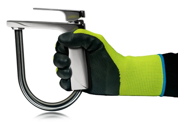 Plumber Green Black Protective Work Gloves Holding Chrome Water Faucet — Stock Photo, Image