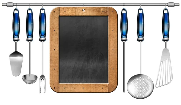 三维图展示了一套六套厨房用具和一块空白黑板 挂在一根柱子上 在白色背景上被隔离 食谱或食品菜单模板 — 图库照片