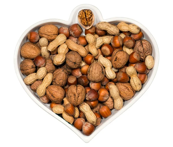 White Heart Shaped Bowl Dried Fruit Mix Peanuts Walnuts Hazelnuts — Stock Photo, Image