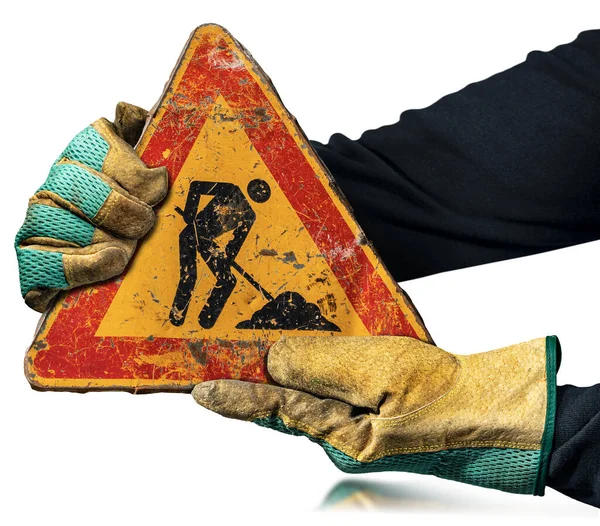 Handarbeider Met Beschermende Werkhandschoenen Die Een Voortschrijdend Verkeersbord Vasthoudt Mannen — Stockfoto