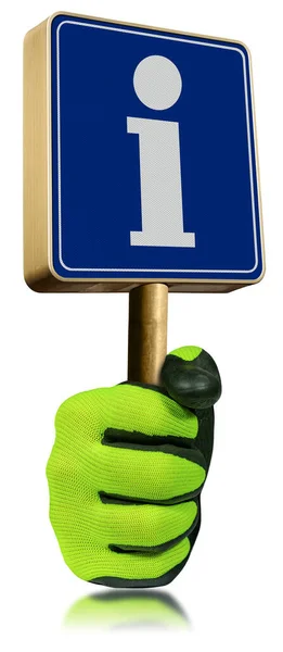 Hand Met Beschermende Werkhandschoen Met Een Blauw Toeristisch Informatiebord Letter — Stockfoto