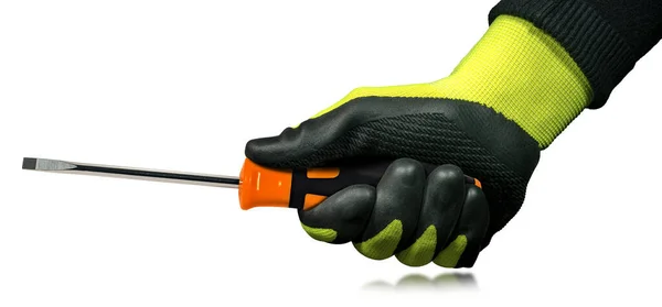 보호용 장갑을 오렌지색 플라스틱 손잡이가 드라이버를 노동자 배경에 반사되어 고립됨 — 스톡 사진