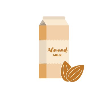 Badem sütlü karton kutu. Vejetaryen laktozsuz içecek ürün paketi. Sağlıklı vejetaryen fındık ekoseli süt içeceği karton paketleme. İzole edilmiş düz vektör çizimi