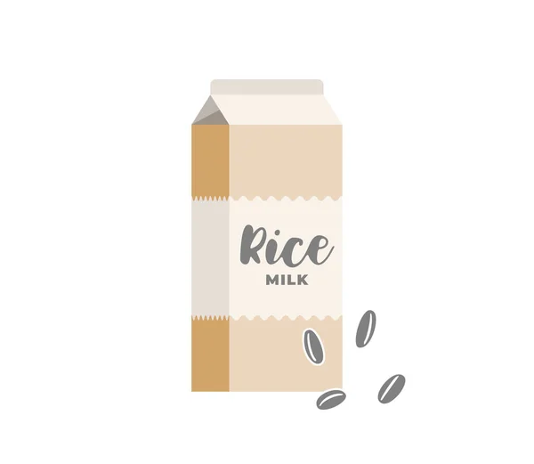 Картонная коробка с рисовым молоком. Вегетарианский пакет для напитков без лактозы. Здоровый веганский зерно эко молочных напитков упаковки картона. Изолированная плоская векторная иллюстрация — стоковый вектор