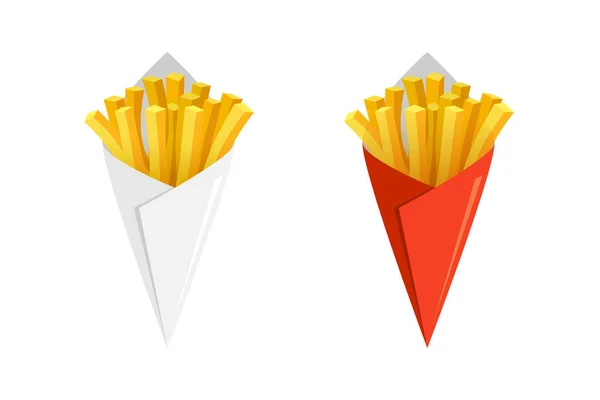 Batatas fritas batata saborosa fast street food em cone de papel branco e vermelho. Batata frita varas conjunto de pacotes. Mockups vetoriais planos. Ilustração isolada sobre fundo branco —  Vetores de Stock