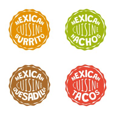 Fast food lokantalarının Meksika fast food rozetleri. Meksika usulü burrito logosu. Latin Amerika yemeği logoti nachos ya da nacho. Restoran veya lokanta amblemi quesadilla ve taco veya taco.