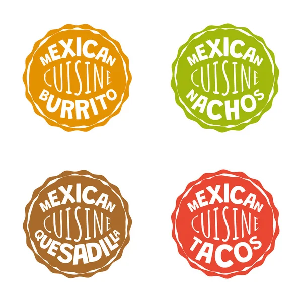 Mexican fast food badges of fastfood cafe or restaurant. Mexico cuisine burrito logo. Latin American dish logotype nachos or nacho. Restaurant or eatery insignia quesadilla and tacos or taco — Stock Vector