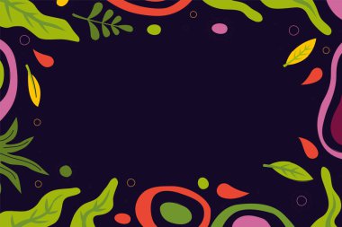 Koyu arkaplanda bitkisel kompozisyon dekoratif çerçeve. Tebrik kartı için yapraklı organik süs şablonu. Vektör çiçek çizimi