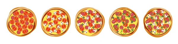 Pizza com diferentes deliciosos ingredientes de enchimento definir vista superior para o menu de pizzaria. Ilustração Vector eps isolado —  Vetores de Stock