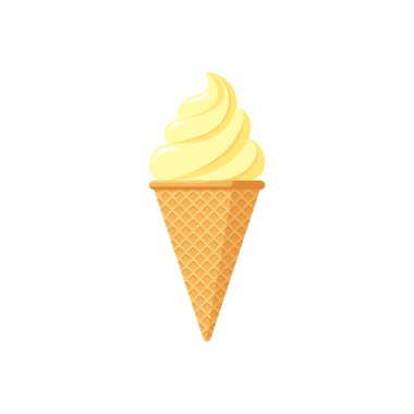 Waffle külahında leziz sarı dondurma. Vanilya tadında beyaz arka planda izole edilmiş dondurmalar. Şirin düz stil ürün tasarım vektör çizimi