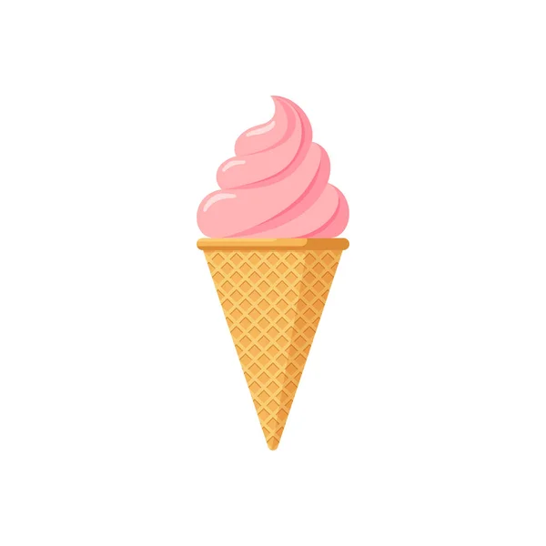 Köstliches rosafarbenes Erdbeer- oder Himbeereis in Waffelkegel. Leckeres vereinzelt verdrehtes Eis auf weißem Hintergrund. Niedlich flachen Stil Eis Produkt Design Vektor Illustration — Stockvektor