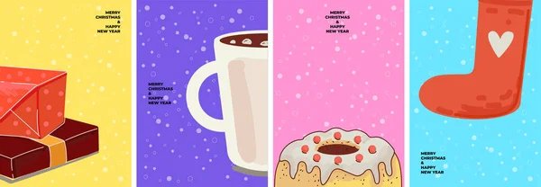 Frohe Weihnachten und Neujahr Plakatset mit Feiertagssymbolen. Geschenkkartons stapeln sich, Kakao oder heiße Schokolade, süßes Kuchendessert und rote Socken als Geschenk für bunte Banner. Feierabend-Zeichnungsvektor — Stockvektor