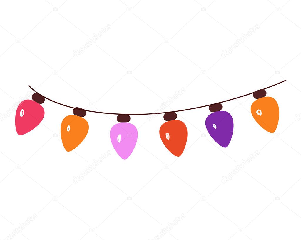 Garland with colorful light bulbs. Festive decoration drawing vector isolated illustration