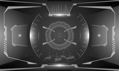 VR HUD oyun arayüzü çapraz ekran tasarımı. Fütürist bilim kurgu sanal gerçeklik görüntüsü. Soyut GUI UI dijital teknoloji kontrol merkezi panel vektör illüstrasyonuName