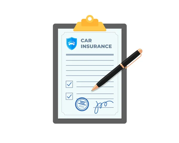ペンでクリップボード上の自動車保険の方針。道路事故、故障または自動車事故が発生した場合の修理を保証するための契約。法律上の準備交通事故リスクベクトル図 — ストックベクタ