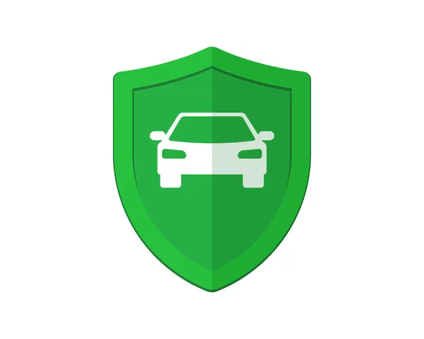 Bil vakt grön sköld logotyp. Bilkollisionsförsäkring eller butiksbricka. Fordonets trimningsfunktion eller förarens säkerhetssystememblem. Konstruktion av transportstöldskyddsetiketter. Isolerat vektortecken — Stock vektor